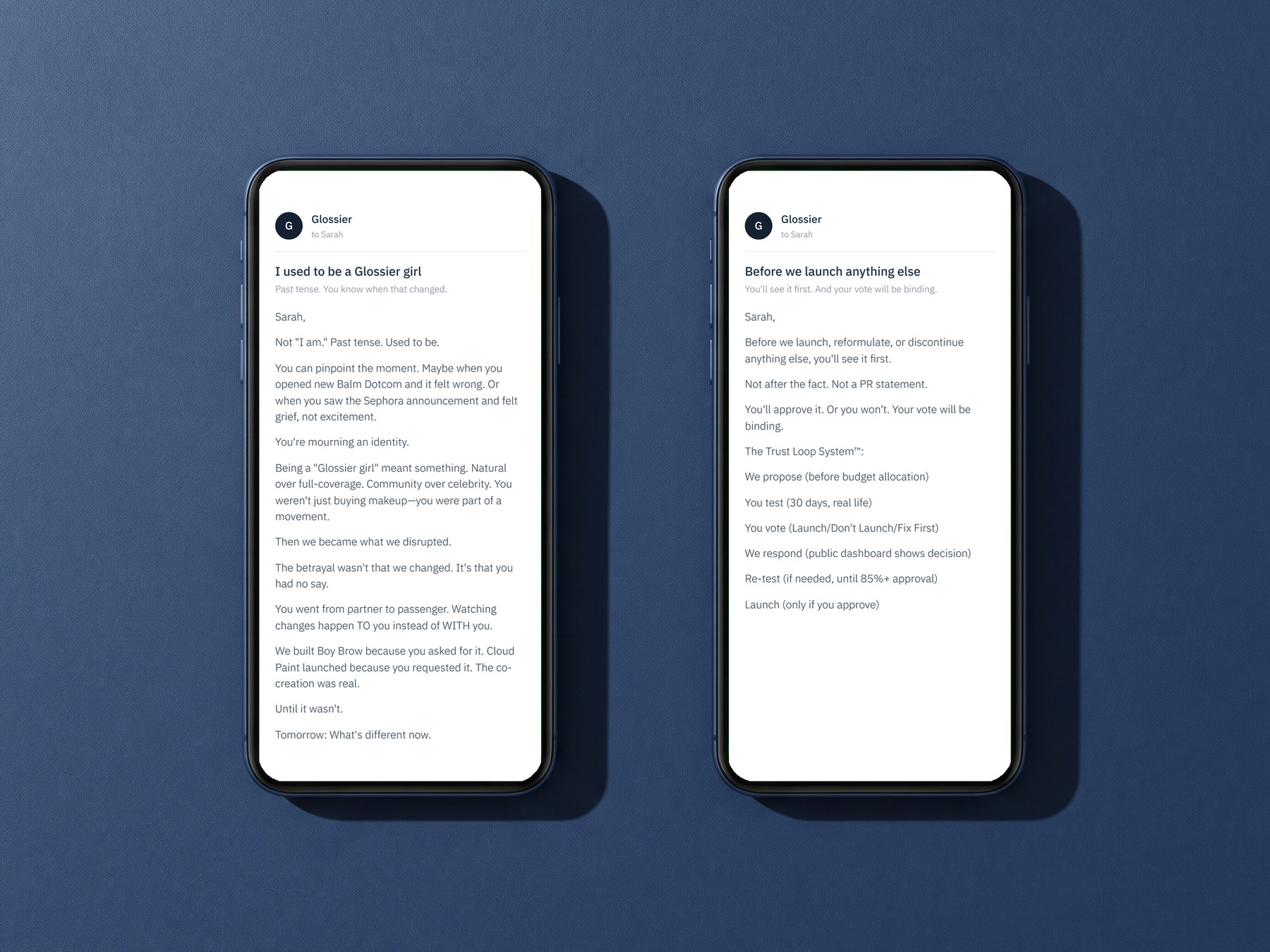 The Glossier copy on a device