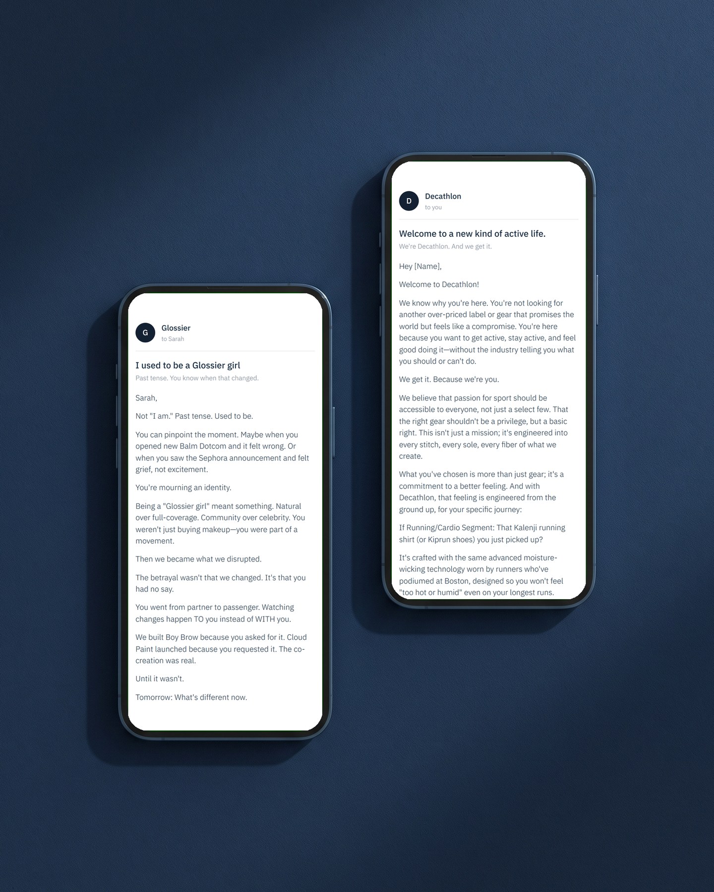 Two phones showing the first emails of the Glossier and Decathlon sequences