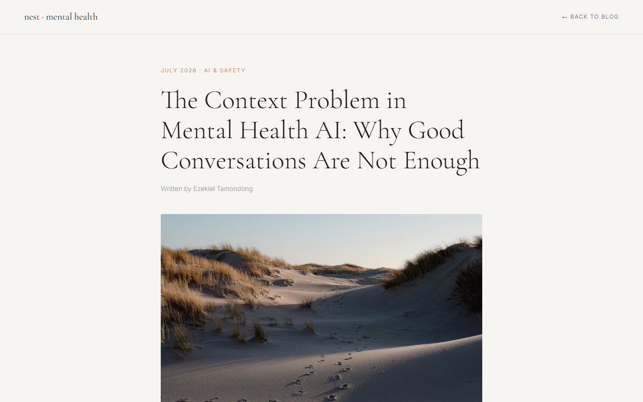 nest mental health page for The Context Problem in Mental Health AI: Why Good Conversations Are Not Enough