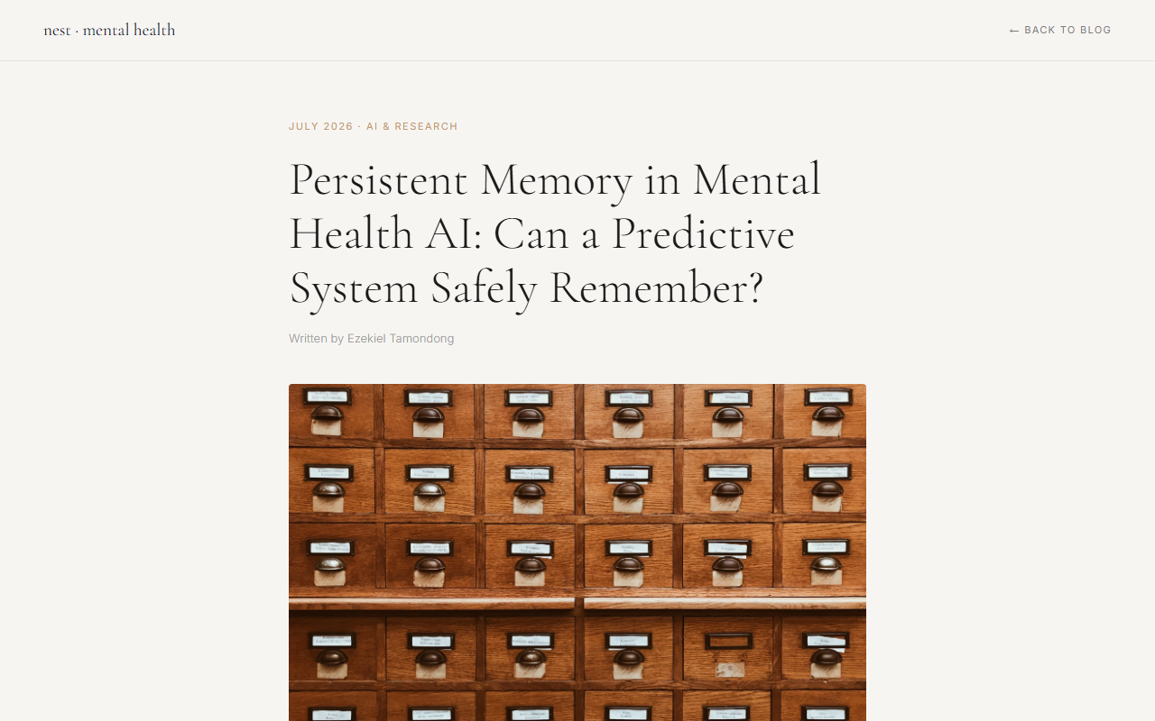 nest mental health page for Persistent Memory in Mental Health AI: Can a Predictive System Safely Remember?